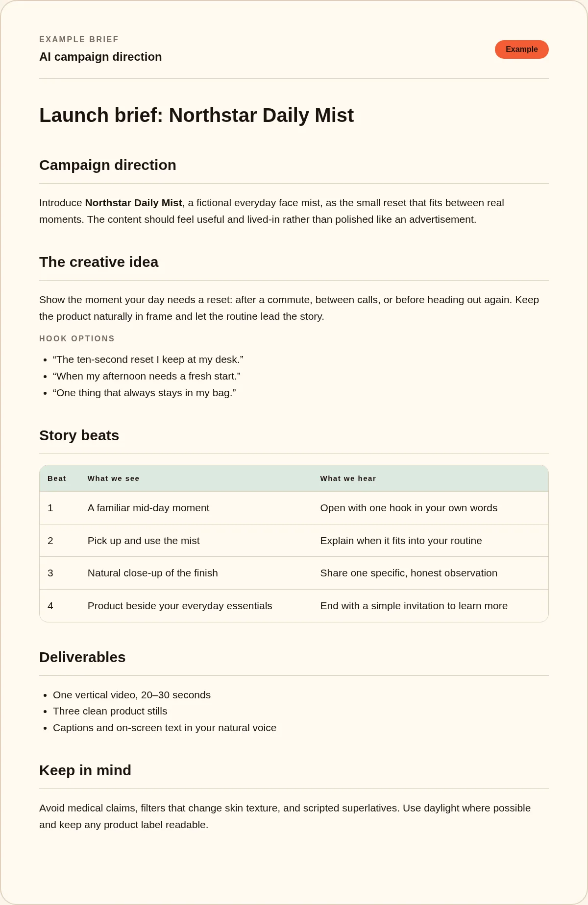 Example AI campaign brief for the fictional product Northstar Daily Mist, showing campaign direction, hooks, story beats and deliverables.
