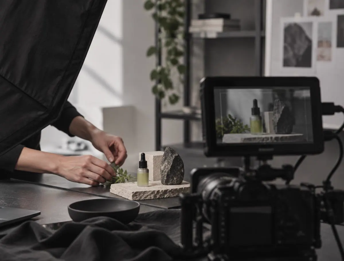 Hands arranging a product scene beside a camera and studio light.
