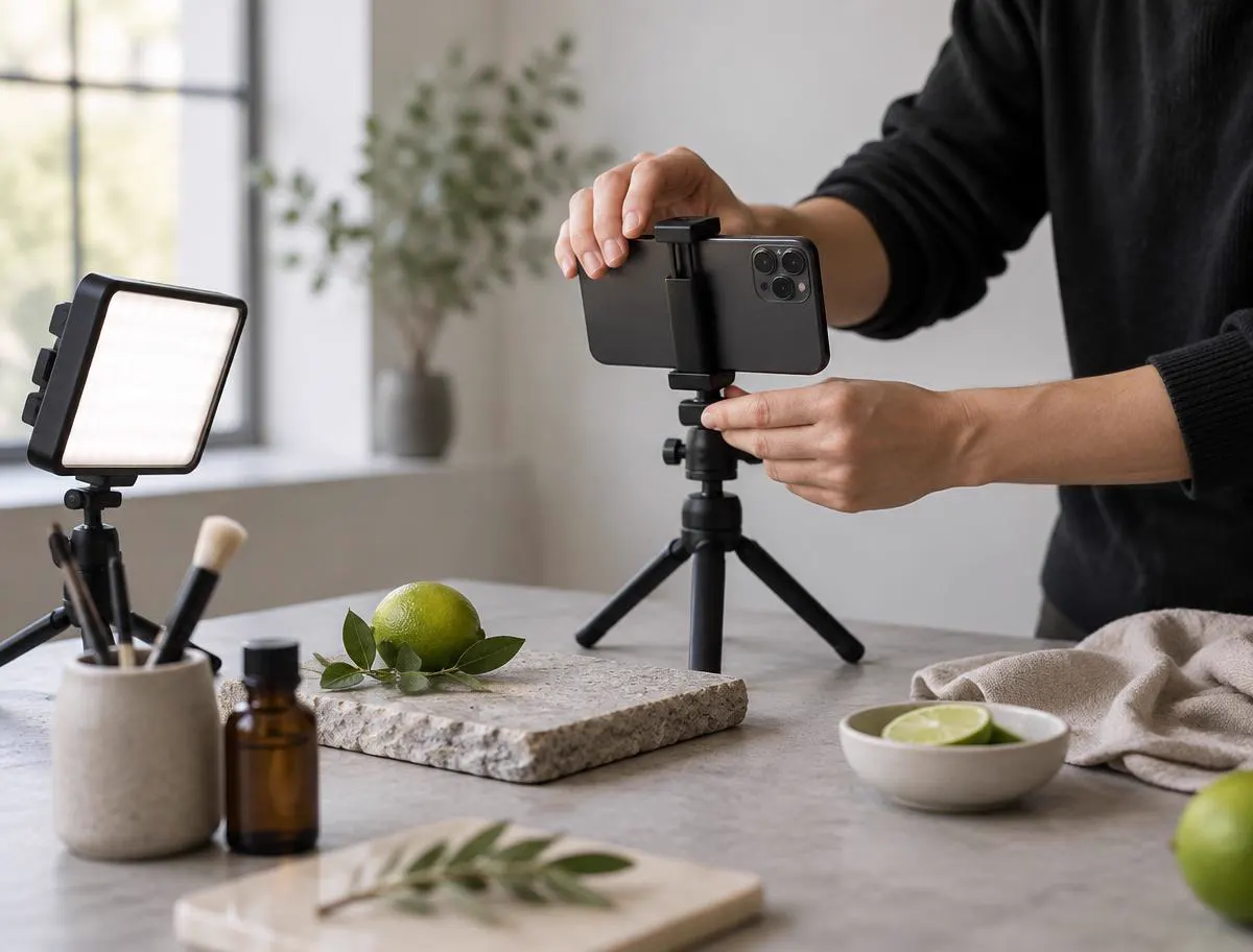 Hands setting a phone on a tripod for a tabletop product shoot.